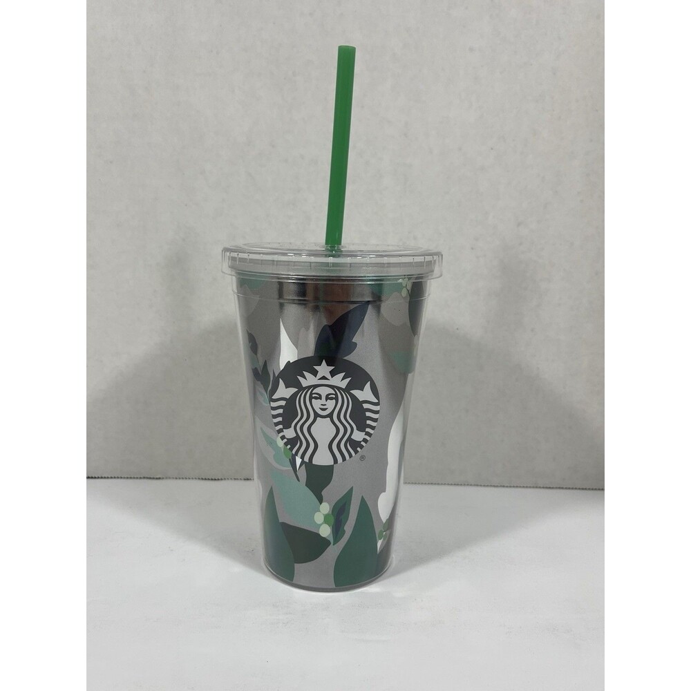 2020 Starbucks Mermaid Siren 16 oz plastic cup with lid straw green leaf design
